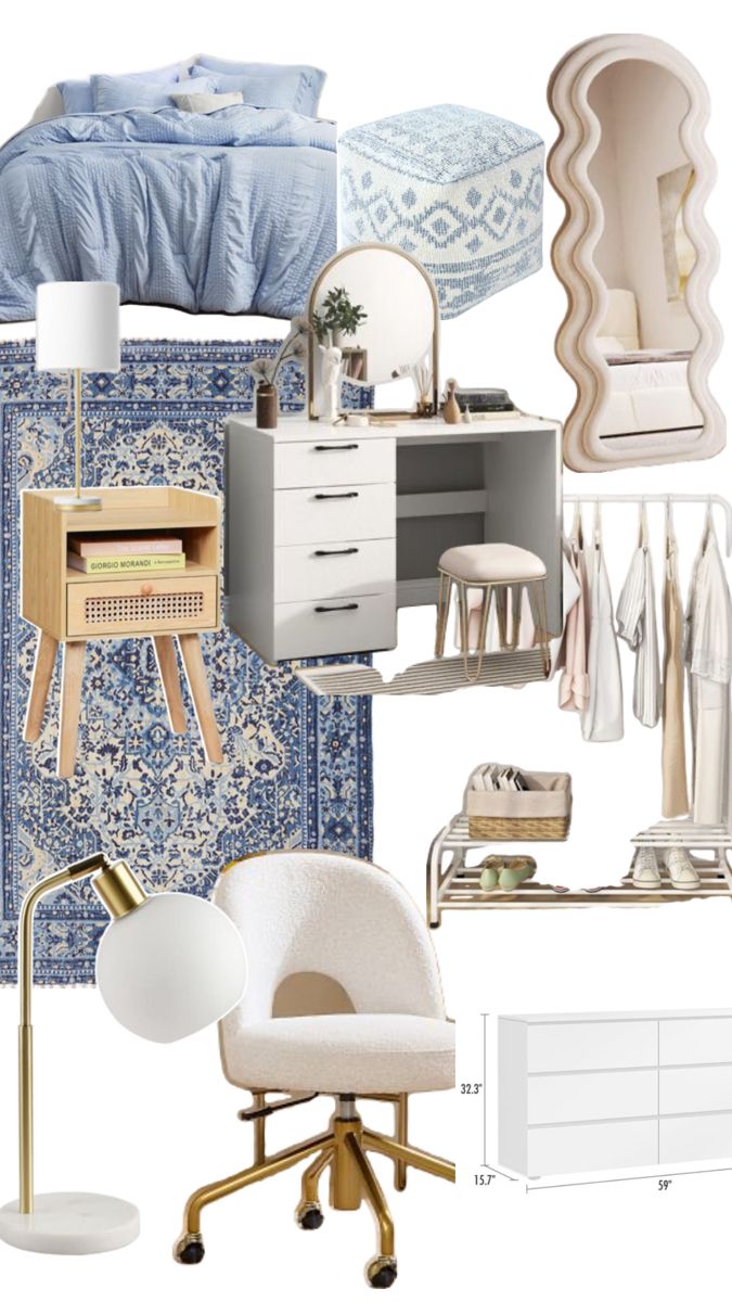 a collage of furniture and decor items including a bed, desk, chair, mirror, lamp, dresser