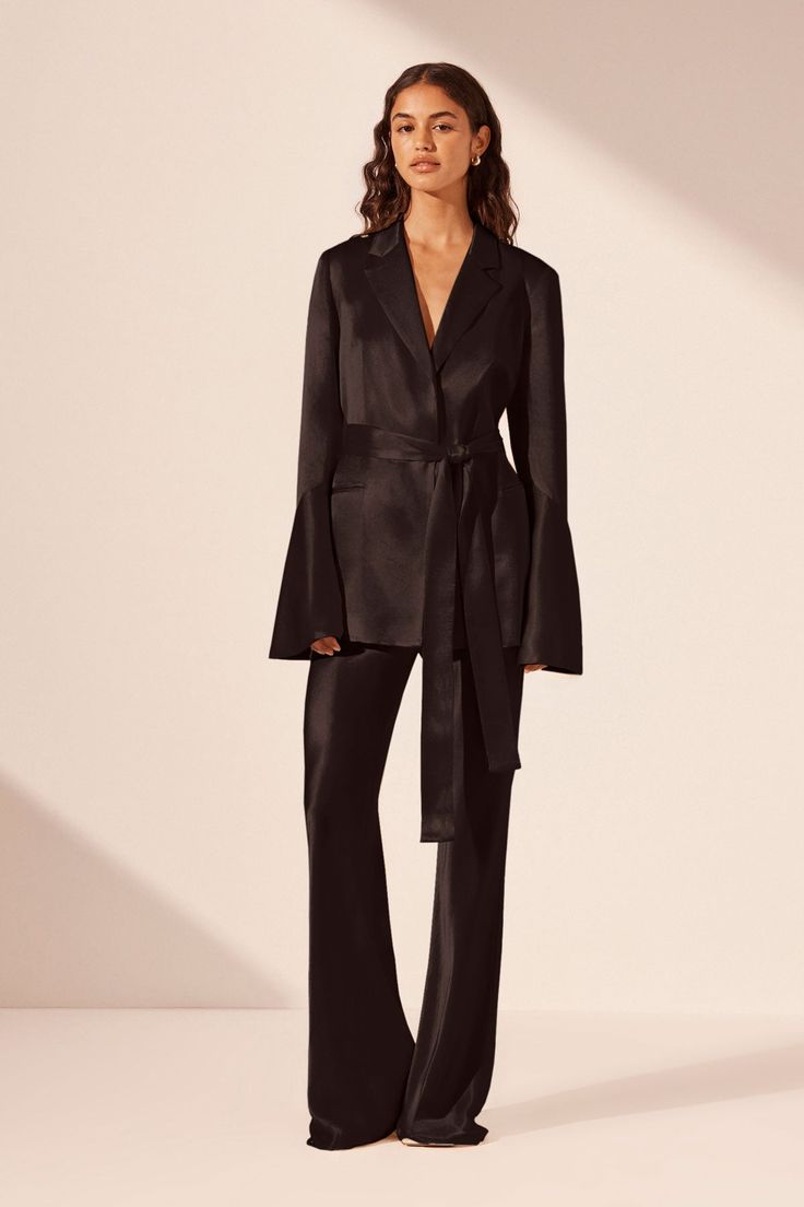 La Lune Flared Sleeve Belted Blazer | Black | Outerwear | Shona Joy Blazer Over Dress Outfits, Blazer Over Dress, Black Outerwear, Satin Suit, Belted Blazer, Smart Outfit, Shona Joy, Black Blazers, Black Outfit