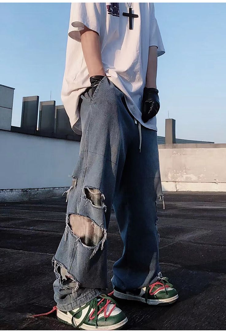 Rock a bold streetwear look with these Ripped Baggy Distressed Jeans—crafted for your alt aesthetic and Y2K streetwear fits, they feature an elastic drawstring waistband for a comfortable fit and unique rips and distress details for an edgy style. Alt Aesthetic, Camo Jeans, Streetwear Fits, Jean Crafts, Blue Vests, Edgy Style, Rock A, Fitted Trousers, Relaxed Fit Jeans