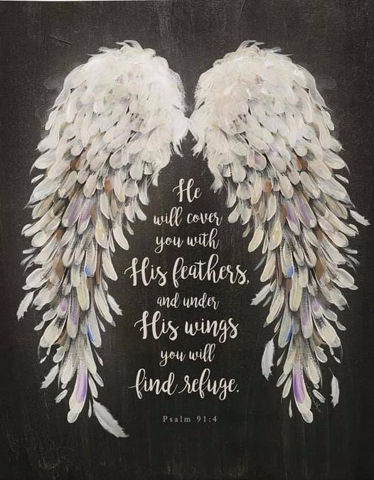 two white angel wings with bible verse written on the front and back, against a black background