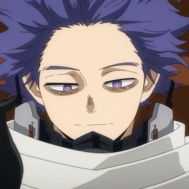 an anime character with blue hair and purple eyes looks at the camera while staring into the distance