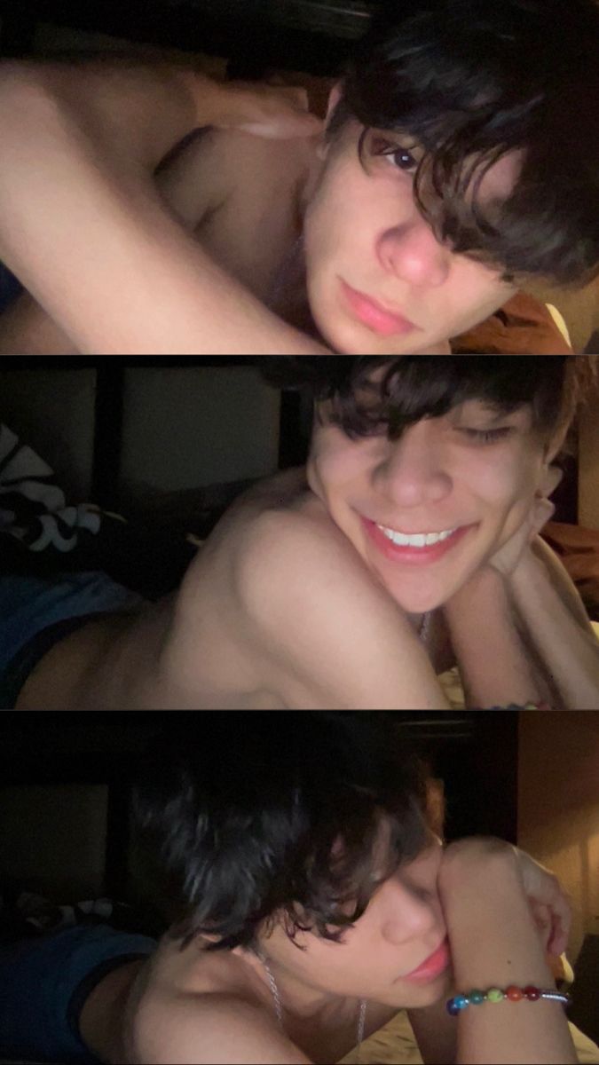 three pictures of a young man with no shirt on, one is smiling and the other has his arm around him