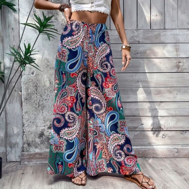 Paisley Print Wide Leg Pants 100% Polyester Printed Wide Leg Bottoms For Day Out, Wide Leg Printed Bottoms For Day Out, Summer Wide-leg Paisley Print Pants, Spring Printed Wide-leg Bottoms, Printed Wide-leg Pants For Spring, Patterned Printed Bottoms For Spring, Patterned Vacation Bottoms, Printed High Waist Bottoms For Day Out, Printed Wide-leg Pants For Day Out