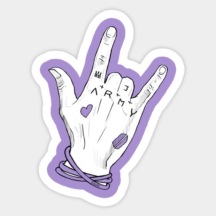 a purple sticker with an image of a hand making the peace sign and writing happy on it