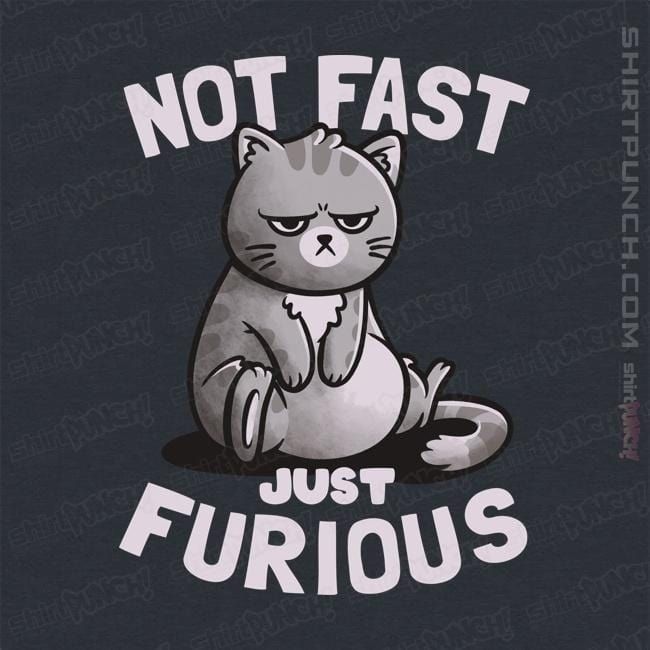 a t - shirt with a cat saying not fast, just furious on it