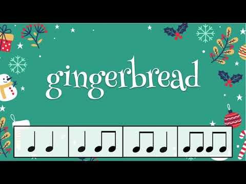 an animated christmas card with musical notes and snowflakes on green background, gingerbread