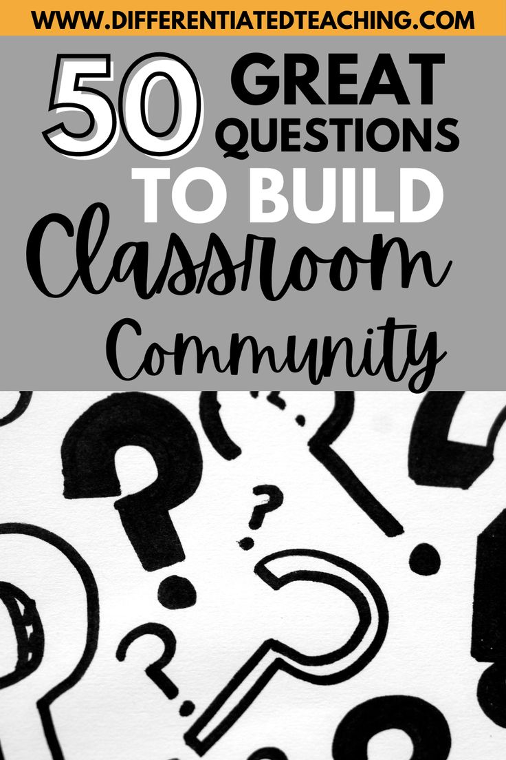 the words 50 great questions to build classroom community written in black and white on top of a