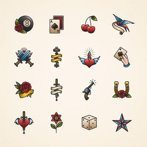 a collection of tattoo icons including roses, hearts, stars and other items on a white background