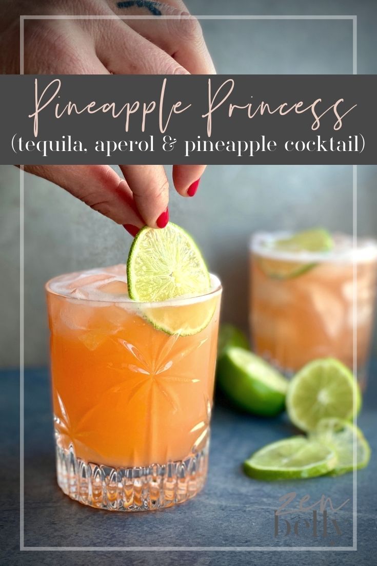 the pineapple princess tequila aperoli & pineapple cocktail is garnished with lime