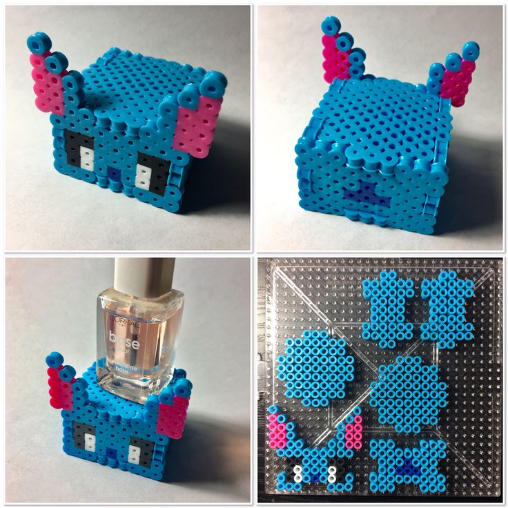 four different pictures of blue and pink legos