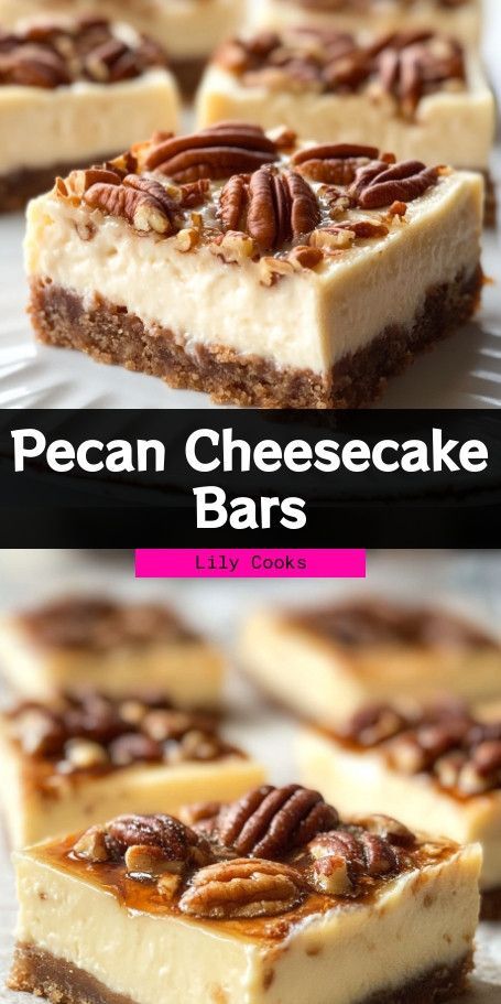 pecan cheesecake bars are stacked on top of each other and ready to be eaten