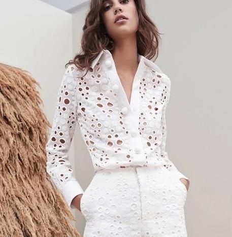 Tassels Fashion Clothing, White Eyelet Blouse, Collar Model, Women Blouses Fashion, Fashion Tops Blouse, Silk Dress Long, Button Blouse, Woman Suit Fashion, Eyelet Top