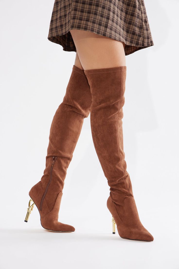 Available In Black And Brown. Thigh High Heeled Boots Pointed Toe Ultra High Heel Novelty Heel Imported | Leave The Drama Thigh High Boots in Brown size 7 by Fashion Nova Brown Ankle-high Heeled Boots For Party, Brown Faux Leather High Heel Knee-high Boots, Brown Leather Thigh-high Boots, Brown Ankle-high Synthetic Heels, Brown Ankle-high Boots With 4-inch Heel, High Heeled Boots, Thigh High Boots Heels, The Drama, Brown Fashion