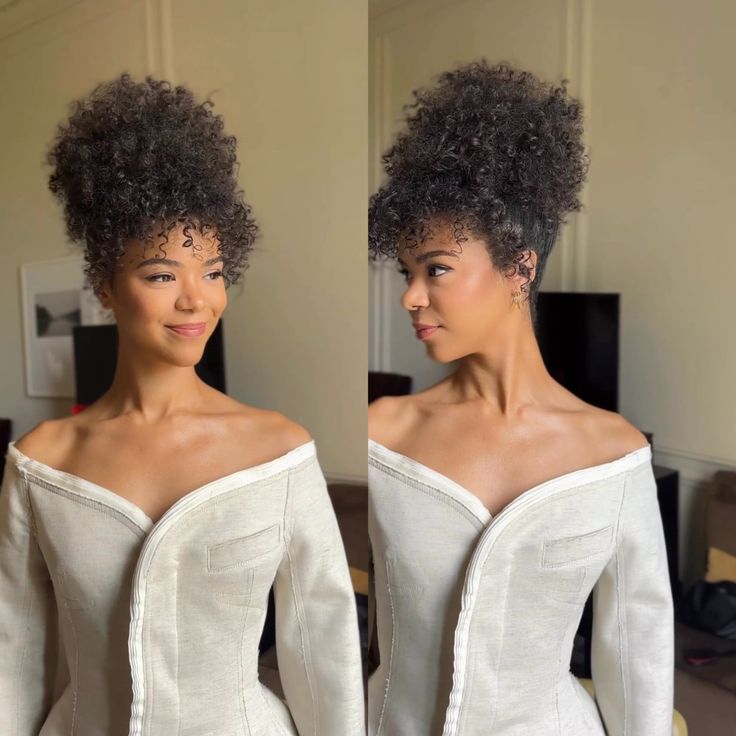 Curly Royal Hairstyles, Bridgerton Hairstyles Black Women, Bridgerton Curly Hairstyles, Regency Era Hairstyles Black Women, Afro Puff Wedding Hairstyles, Celebrity Braids, Business Casual Chic, Luxury Old Money, Strapless Dress Hairstyles