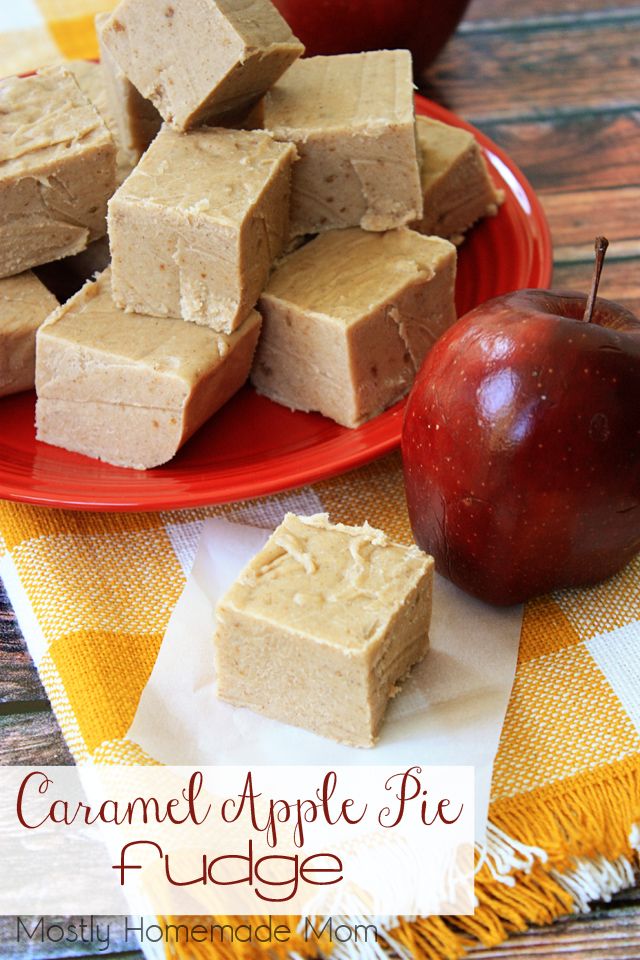 caramel apple pie fudge on a red plate with an apple next to it