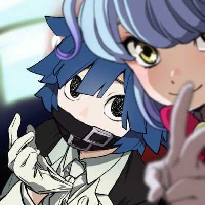 two anime characters one with blue hair and the other wearing black, pointing at something