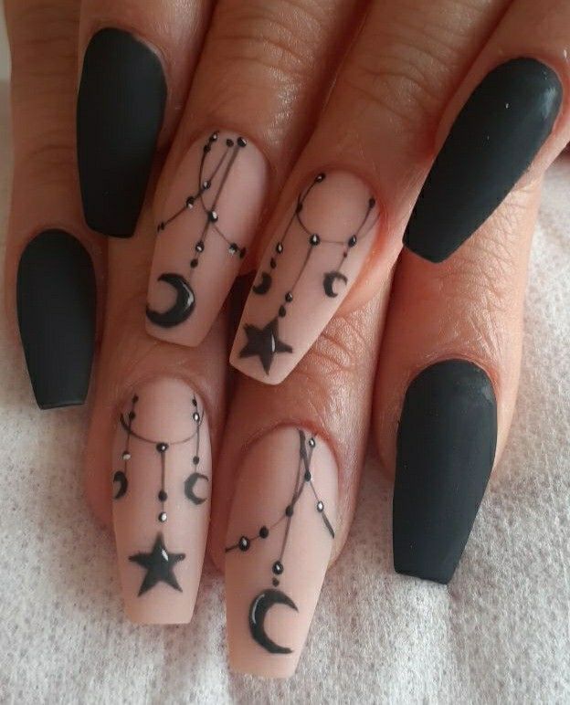 Halloween Nail Designs Witches, Moth Nails Acrylic, Witch Design Nails, Goth Girl Nail Ideas, Witch Nail Art Goth, Witches Nails Designs, Lunar Nail Art, Mystical Nails Simple, Witchy Valentines Nails