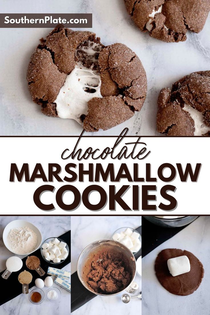 chocolate marshmallow cookies on a white marble counter top with the title above it