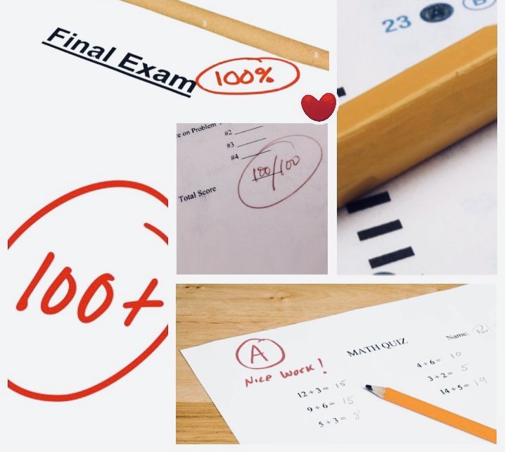 several pictures with pencils and paper on them, including the word 100x written in red