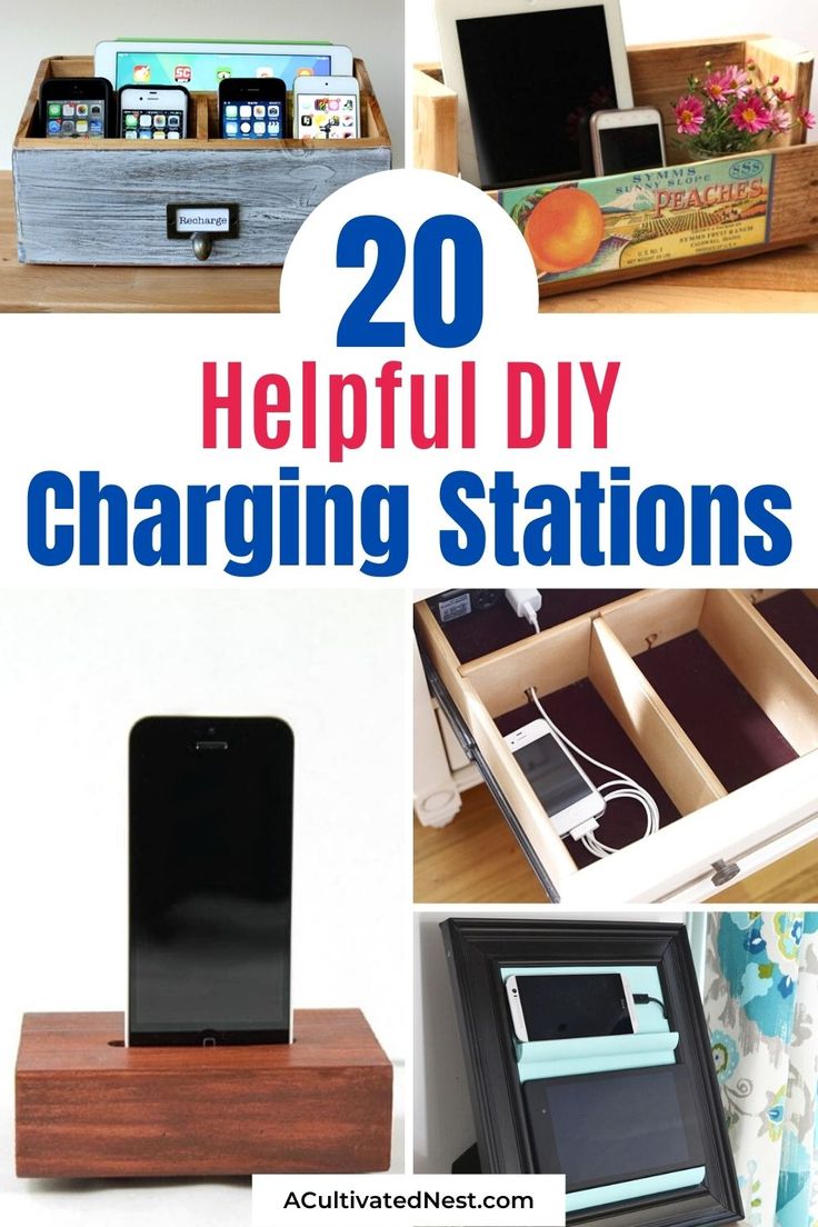 the top 20 helpful diy charging stations for iphones and ipods with text overlay that reads, 20 helpful diy charging stations