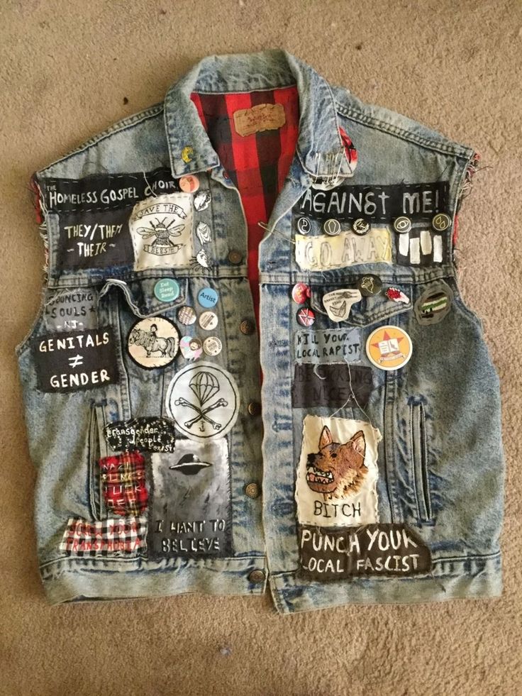 Clothes Redesign, Punk Jean Jacket, Punk Patches Diy, Back Patches For Jackets, Interesting Aesthetic, Crust Pants, Embellished Jackets, Queer Punk, Punk Vest