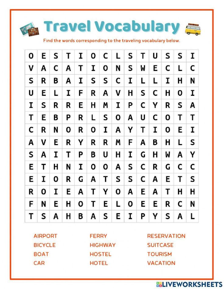 a travel word search is shown with the words in red and white, along with an orange border