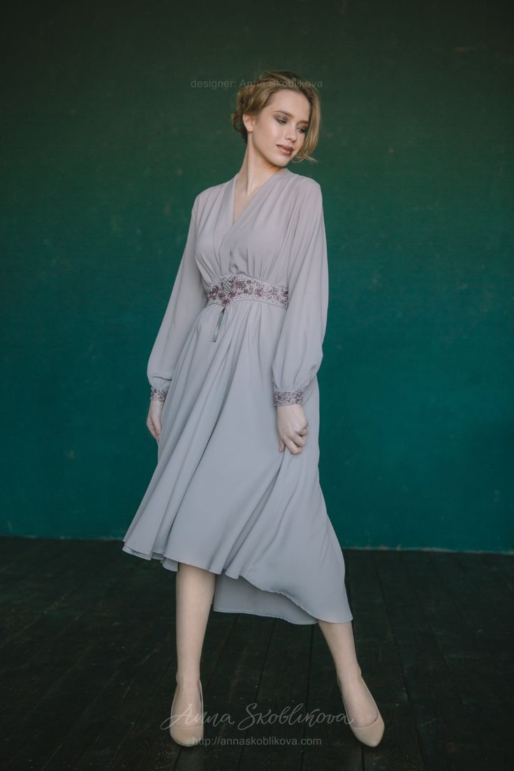 Powdery wrap Wedding dress from dense crêpe-silk | Anna Skoblikova Elegant V-neck Chiffon Wrap Dress, Elegant Chiffon Maxi Wrap Dress, Elegant Flowy Chiffon Wrap Dress, Chiffon Wedding Dress With Surplice Neckline, Silk V-neck Midi Dress For Wedding, Flowy Wrap Dress For Wedding, Elegant Midi Wrap Dress For Wedding, Elegant Chiffon Midi Wedding Dress, Feminine Wrap Wedding Dress