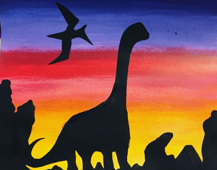 a painting of dinosaurs and birds in the sunset