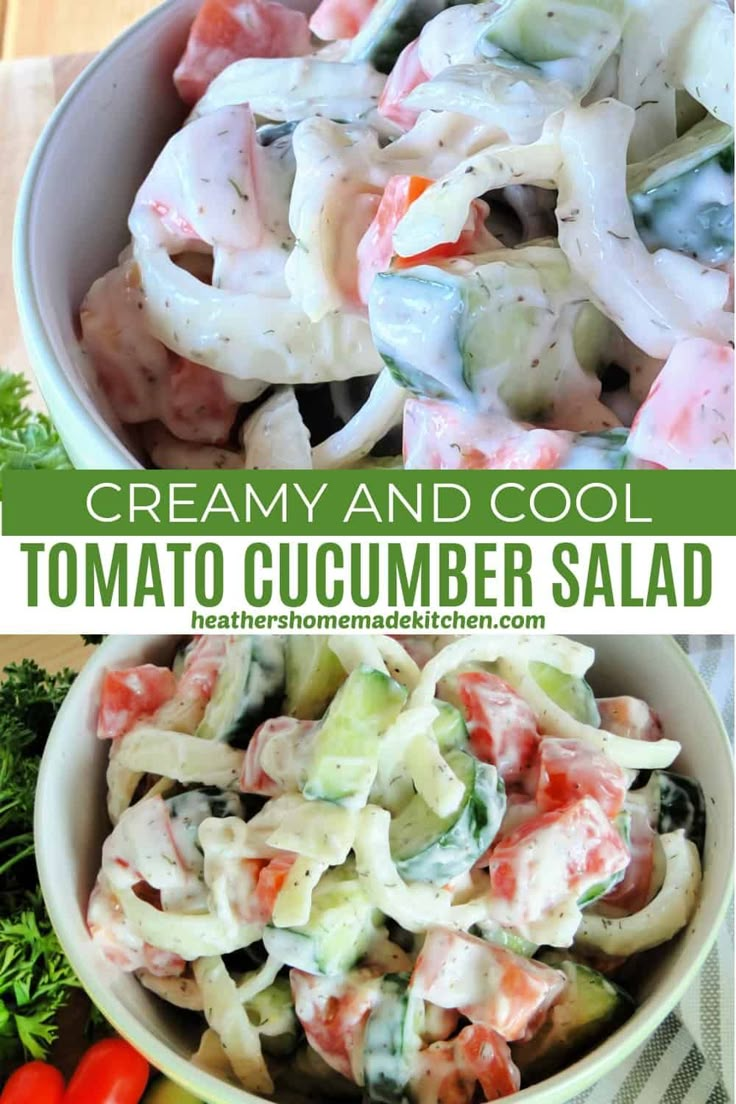 this creamy and cool tomato cucumber salad is the perfect side dish for summer