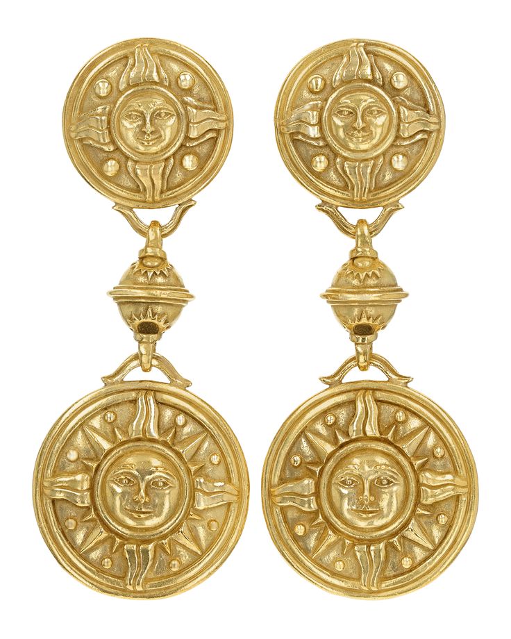 These elegant and whimsical dangle earrings feature a heliocentric motif. The lustrous 18K gold earrings feature two disks embellished with radiant suns. The earrings carry the signature chic point-of-view of luxury goods and jewelry brand Kieselstein-Cord. Founded by American designer, artist and photographer Barry Kieselstein-Cord in 1972 in Manhattan, New York, Kieselstein-Cord has remained a fashionable tastemaker crafting jewelry, belt buckles, bronze statuary, leather goods, eyewear, home furnishings and accessories. Set in 18K gold. 2 7/8" length Gold Sun Earrings, Jewelry Belt, Darker Skin Tones, Skin Undertones, Sun Earrings, Crafting Jewelry, 18k Gold Earrings, Golden Jewelry, Gold Sun