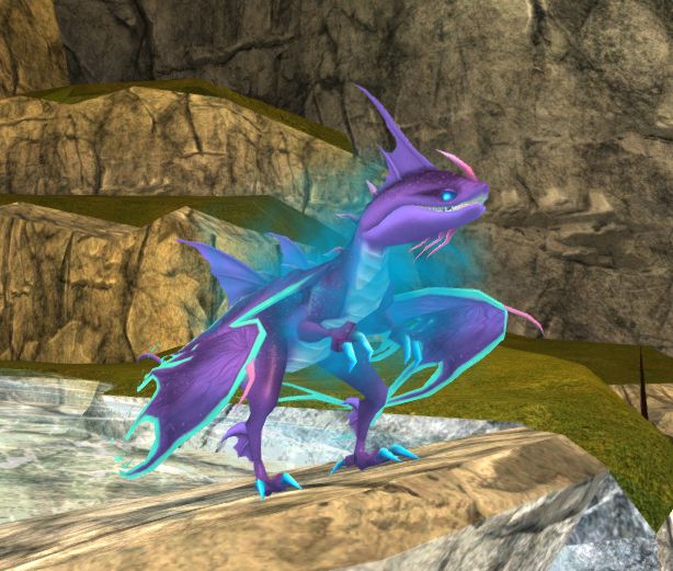 a purple and blue dragon standing on top of a rock