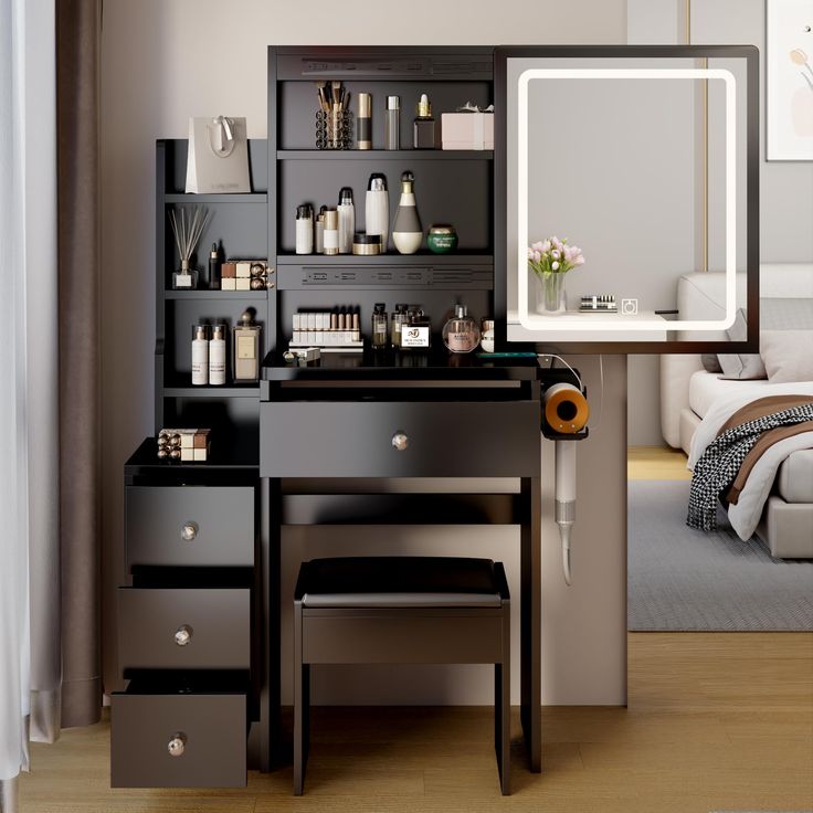 a room with a desk, mirror and shelves filled with personal care items in it