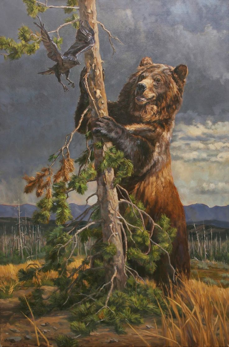 a painting of a bear climbing up a tree