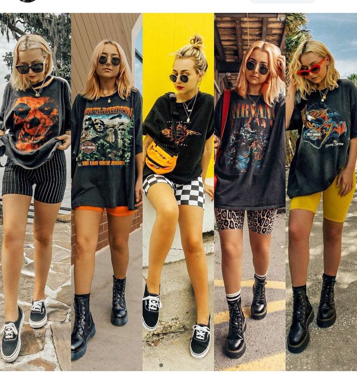 Outfit Ideas Biker Shorts, Styling Biker Shorts, Grunge Chic Outfits, Rock Festival Outfit, Band Tee Outfits, Concert Outfit Rock, Grunge Chic, Look Festival, Estilo Taylor Swift