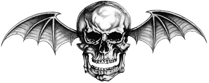 a skull with wings on it's head and a bat in the middle of its face