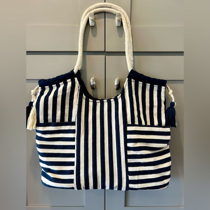 Nwt Navy And White Cotton Tote Bag Overall 20”L, 16” H, 6” W, Strap Drop 11”. Unique Tote Bag, Cotton Tote Bag, Cotton Totes, Cotton Tote Bags, Womens Tote Bags, White Cotton, Navy And White, Blue White, Overalls