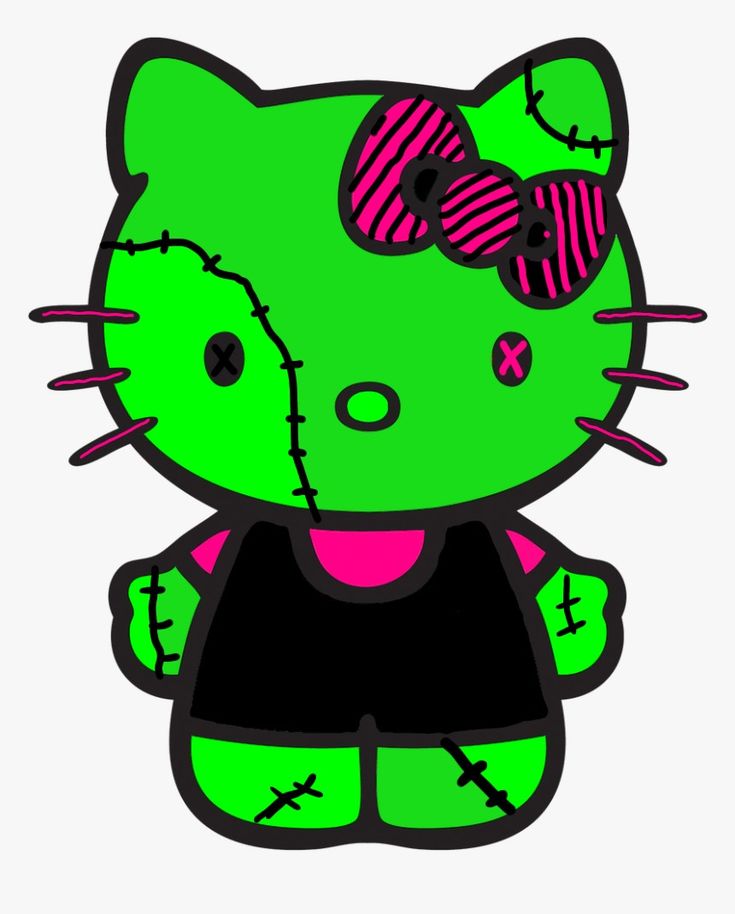 a green hello kitty sticker with pink bows on it's head and eyes