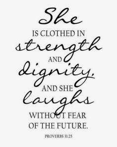 a cell phone with the words she is clothed in strength and anger, and she laughs about