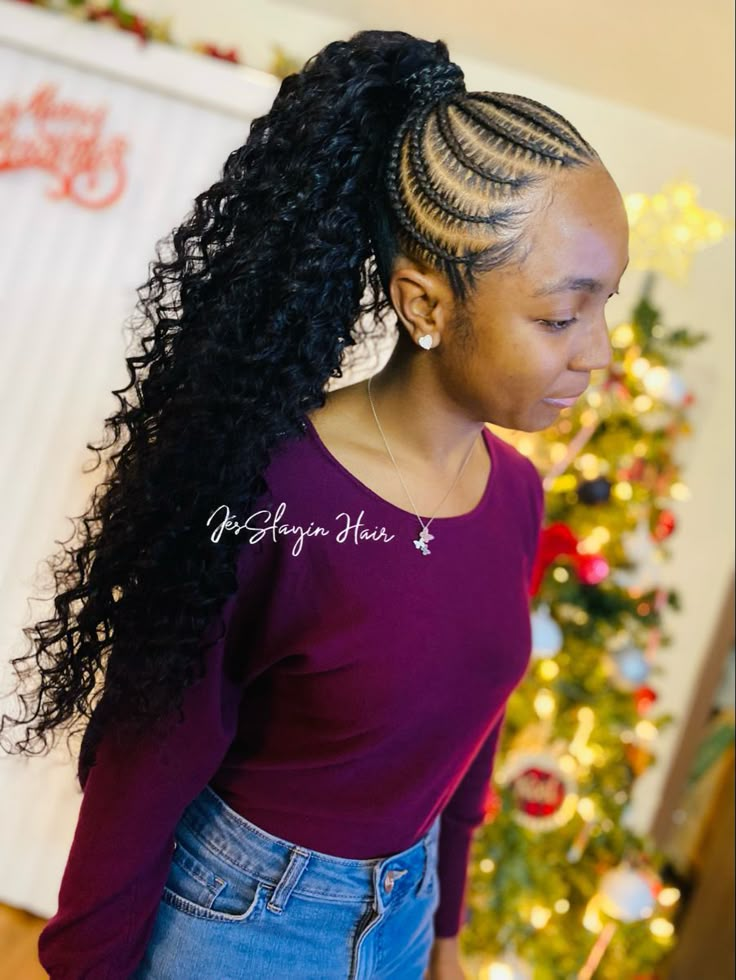 Stitch Braids With Ponytail Weave, Stitch Braid Updo Ponytail, Feed In Curly Ponytail, Braided Ponytail With Curls At The End, Cornrows With Ponytail Extensions, Ponytail Braids With Curls, Stitch Braids Ponytail With Curls, Boho Ponytail Braid, Stitch Braids Into Ponytail