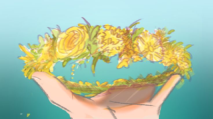 a drawing of a hand holding a basket with yellow flowers in it and water droplets on the surface