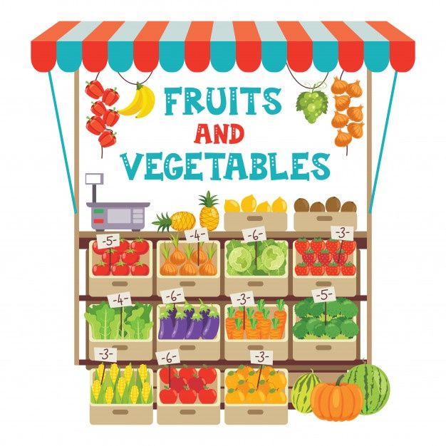 a fruit and vegetable stand with fruits and vegetables for sale on the shelves, flat style