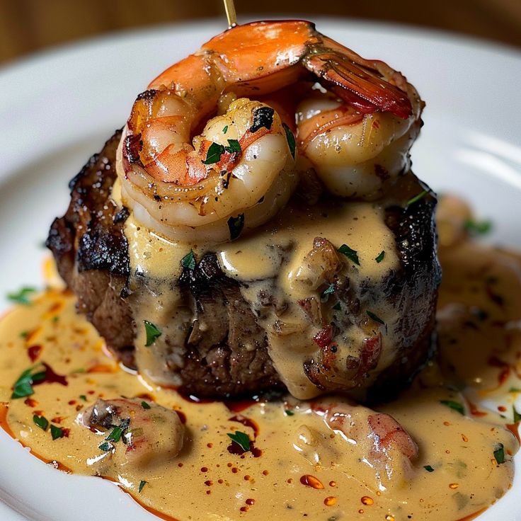 a steak covered in shrimp and sauce on a white plate