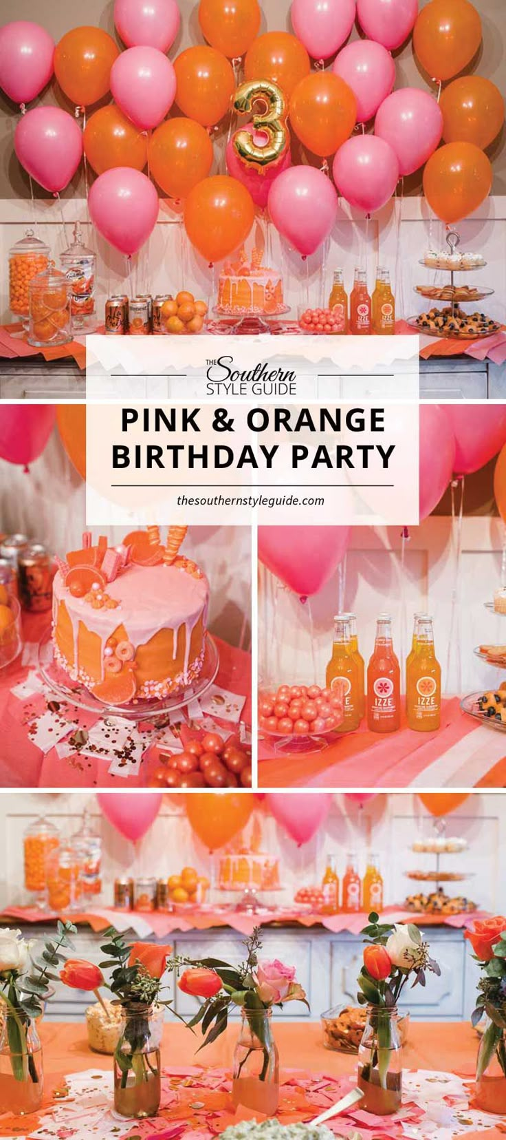 pink and orange birthday party with lots of balloons, cake and flowers on the table