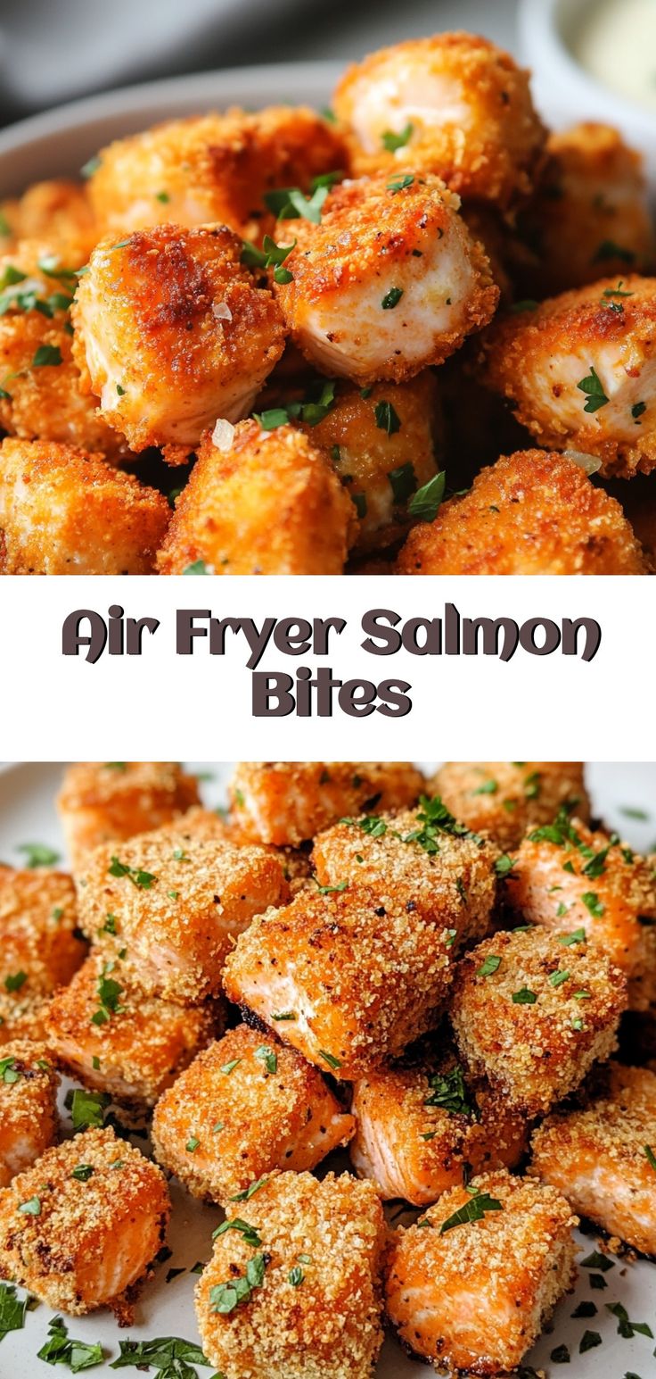 air fryer salmon bites on a plate with parsley