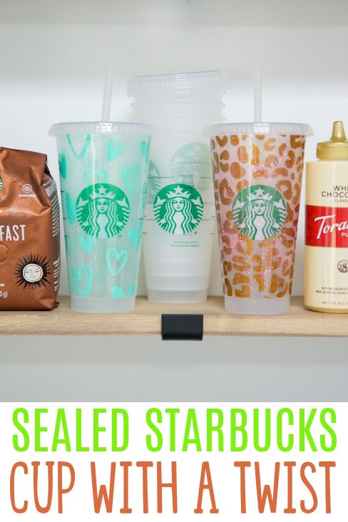 starbucks cups are lined up on a shelf with the words sealed starbuckss cup with a twist