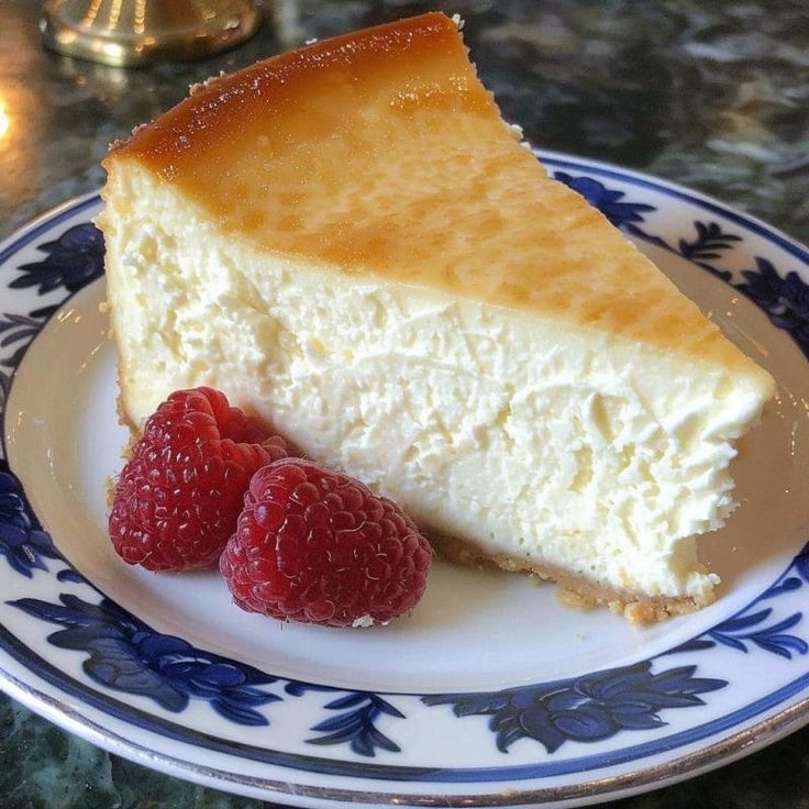 a piece of cheesecake on a plate with raspberries