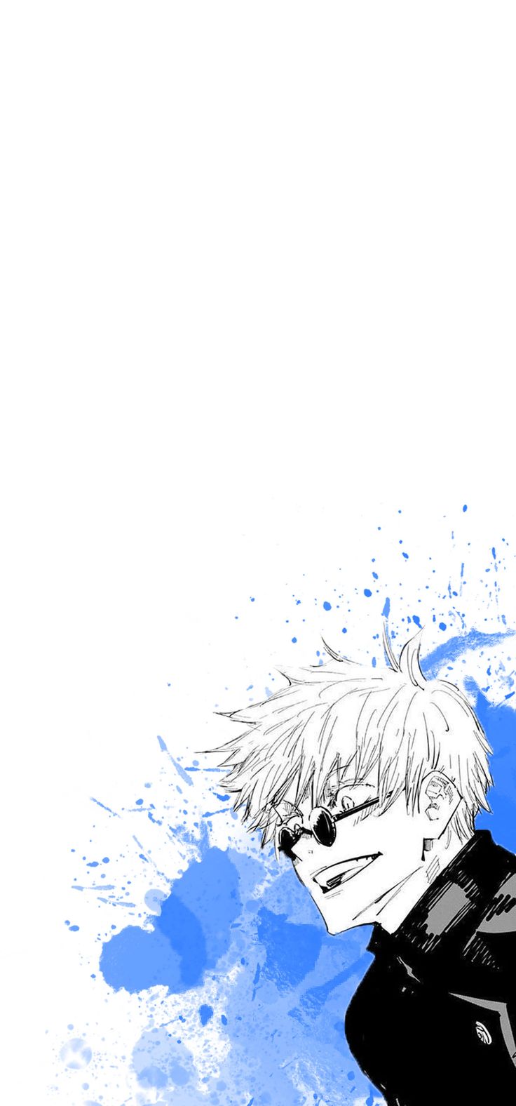 an anime character with white hair and black clothes standing in front of blue paint splatters