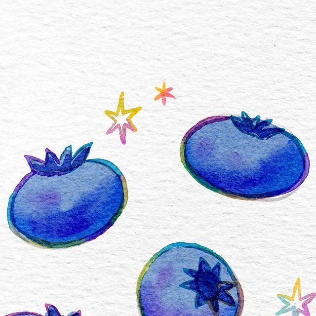 watercolor painting of blue tomatoes and stars