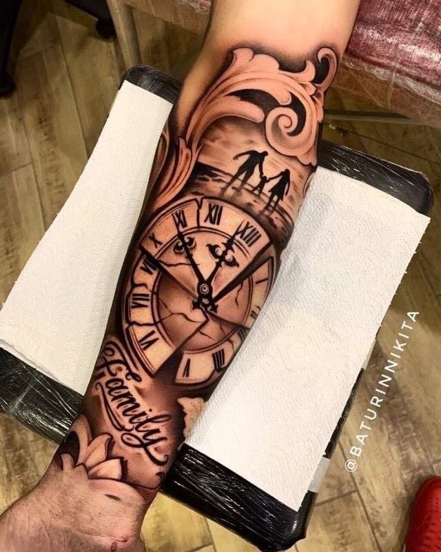 a man's arm with a clock tattoo on it