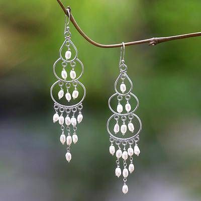 Cultured pearl & sterling silver chandelier earrings, 'Moonlit Orbs' from Indonesia - Inexpensive earrings Pearl Chandelier Earrings, Pearl Chandelier, Silver Chandelier Earrings, Tier Chandelier, Silver Chandelier, Crystal Chandelier Earrings, Making Jewellery, Silver Engagement Rings, Freshwater Cultured Pearls